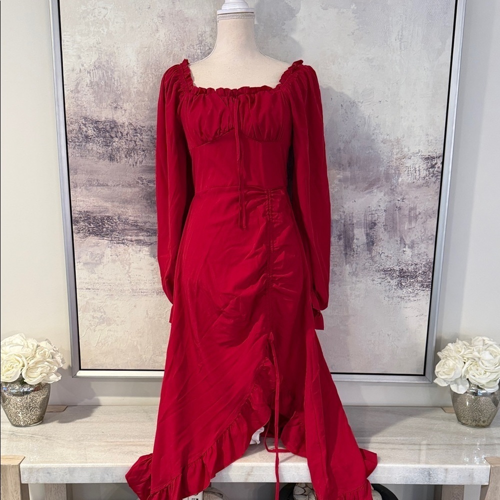 SHEIN Vibrant Red Long Sleeve hi-low Dress